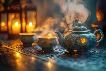 Steaming tea set in cozy candlelit atmosphere