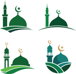 Collection of Islamic Mosque Silhouette Logos for Ramadan Kareem Eid Mubarak Celebrations and Muslim Community Events with Crescent Moon Star Symbols