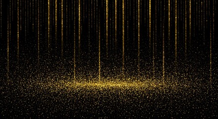 Abstract golden lines descending and shimmering against a dark, black background, creating a textured effect.