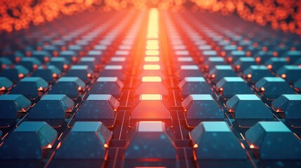 An endless expanse of identical blue movie theater seats, stretching out towards a brilliantly illuminated screen, with a burst of fiery, vibrant light cascading from the center, creating a captivatin