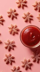 Pink pasta, star shapes, arranged around a bowl of red sauce