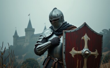 Naklejka premium A knight in armor stands guard with a castle in the background.