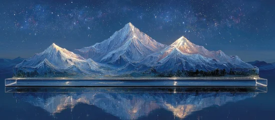 Keuken achterwand Reflectie Snowy mountain range reflected in a still lake under a starry night sky  © abufatir