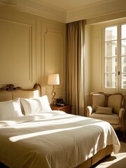 Elegant Hotel Room with Warm Lighting and Classic Furnishings
