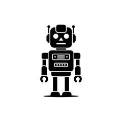 Retro-style robot illustration, black silhouette, simple design, standing.