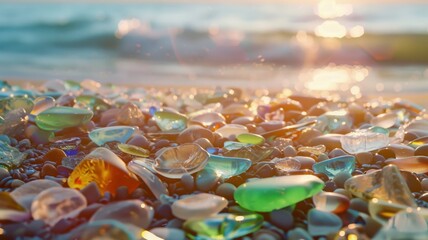 Green and blue sea glass sparkling on sandy shore
