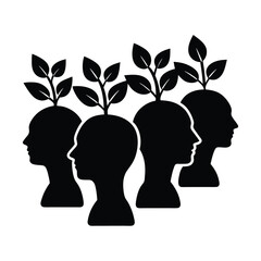 Silhouettes of four heads with plants growing from them