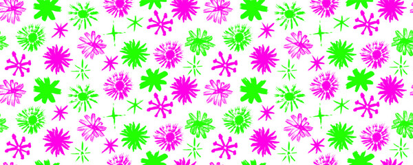 Seamless vector graffiti flower and asterisk pattern in acid colors. Handdrawn crayon, wax, chalk, and charcoal squiggle texture. Stylish grunge template for music, Xmas, or Christmas crystal design.