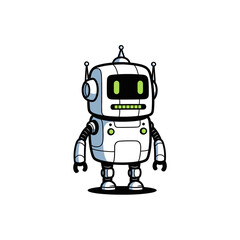 A charming, cartoon-style illustration of a friendly, white robot with a green digital face, standing upright with its arms at its sides.