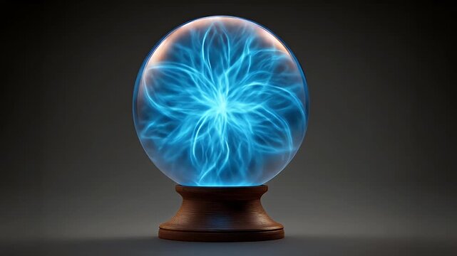 A glowing crystal ball with electric blue patterns sits on a dark wooden stand.