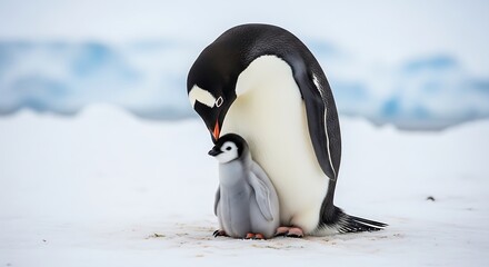 Gentle penguin nuzzle with fluffy chick in snowy Antarctica
