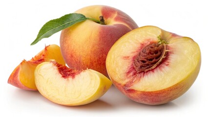 Two whole ripe peaches and a cut half are isolated on a white background
