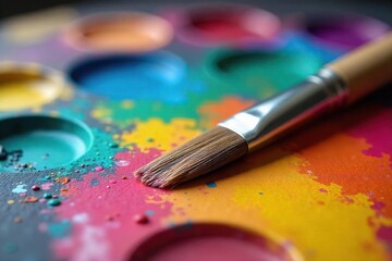 Obraz premium Close-up of a paintbrush resting on a vibrant, colorful palette, surrounded by art supplies The scene evokes creativity and artistic expression , paint, studio