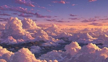 High-altitude sunset view of fluffy clouds and mountains