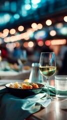 Obraz premium Crispy fried chicken feast with wine cozy restaurant food photography vibrant atmosphere close-up view culinary delight