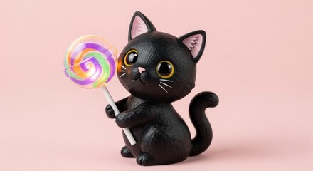Adorable black cat figurine holding a colorful lollipop against a soft pink backdrop, sweet and playful