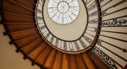 Elegant spiral staircase with wooden steps ascending towards a circular skylight, architectural detail.