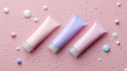 Three pastel-colored tubes of cosmetic product, surrounded by sprinkles and round beads, on a pink background