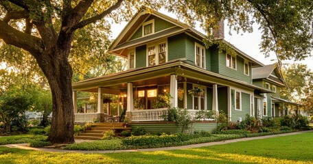Classic green house with wraparound porch at sunset