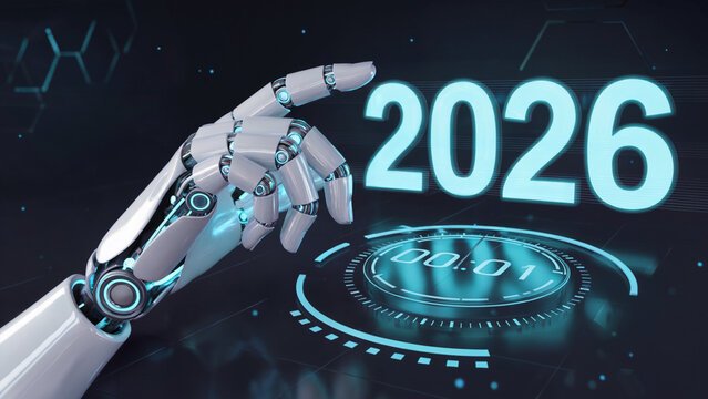 Robotic arm interacting with 2026 interface for futuristic technology integration and automation solutions