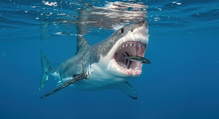 Obraz premium Great white shark underwater, mouth open, small fish in jaws, ocean blue.