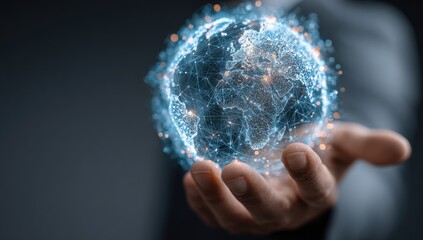 A person's hand holds a glowing, digital representation of Earth