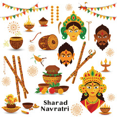 Sharad Navratri festival celebration in a vibrant 2D flat vector illustration, featuring traditional Indian symbols and festive decorations, isolated on a white background.