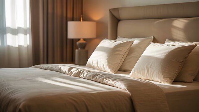 Cozy bedroom with neatly arranged bed, soft lighting, and warm tones creating a serene atmosphere