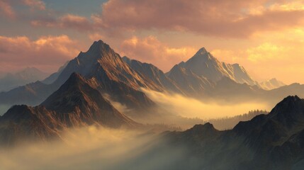 Majestic mountain range view shrouded in a layer of ethereal fog with a warm golden glow during the