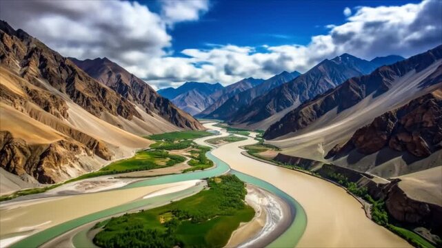 River meander through mountain valley panorama