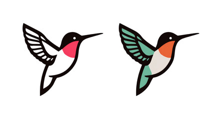 Obraz premium Stylized hummingbird illustration featuring a colorful depiction alongside a simplified outline