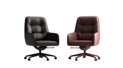 Symmetrical presentation of modern office chairs in varied shades isolated against a clear setting