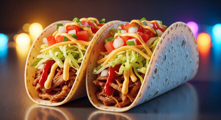 Two Delicious Soft Shell Tacos Filled with Shredded Meat, Fresh Toppings, and Sauces