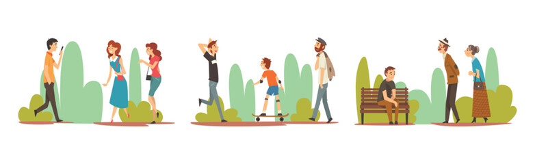 People Character Walk and Stroll in Park Vector Set