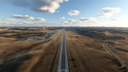 Fototapeta premium Aerial view of airport runway landscape with blue sky clouds and horizon travel destination scenic flight 