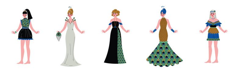 Beautiful Young Woman Wearing Peacock Dress Vector Set