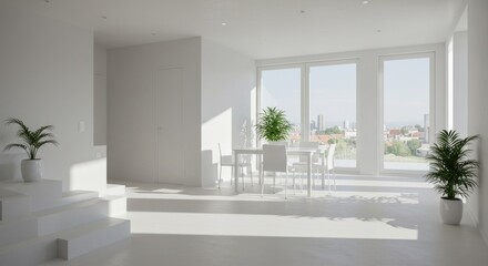 Modern, bright, minimalist dining area with large windows showcasing a city view.