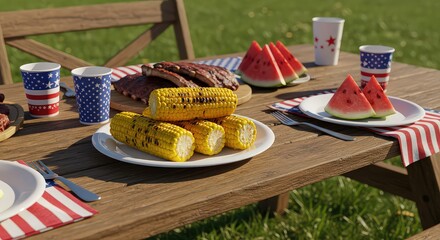 A picnic table with corn, ribs, watermelon, and patriotic cups on a sunny day in the backyard