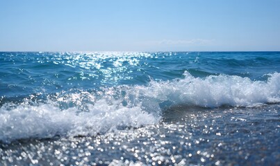 Naklejka premium sparkling blue water, waves crashing on the shore, sunlight glistening off its surface, creating a shimmering effect