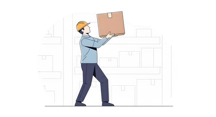 Diligent warehouse worker in a hard hat lifts a large cardboard box, symbolizing efficient logistics, supply chain management, and storage for delivery