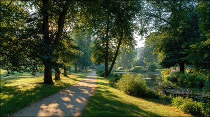 Fototapeta premium Sunny park path through lush trees