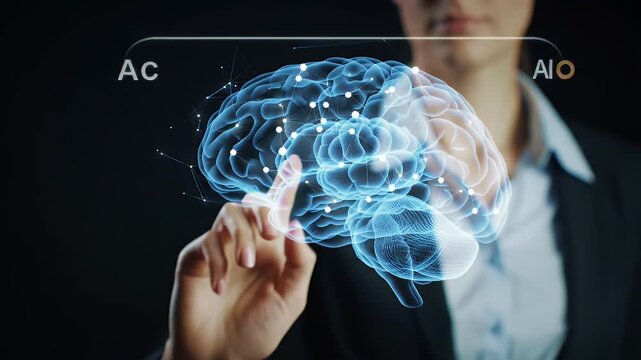 Woman Interacting With A Glowing Digital Brain Hologram