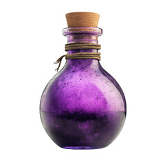 A purple potion bottle with a cork stopper and twine is displayed against a black background