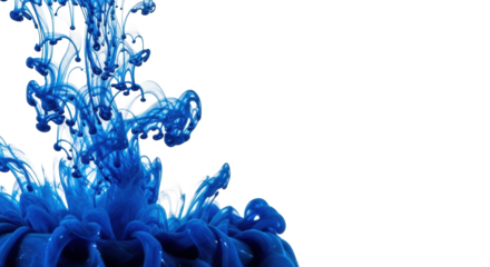 Vibrant deep sapphire blue ink diffusing into abstract fluid patterns on transparent background, copy space, soft light. Concept of fluid artistry and creative flow
