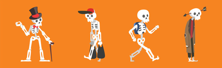 Funny Skeleton Character with Bone and Skull Vector Set