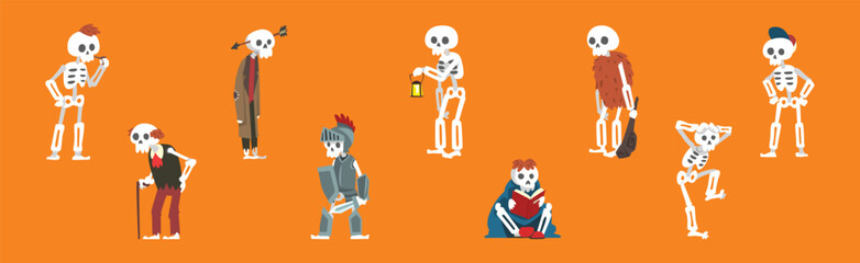 Funny Skeleton Character with Bone and Skull Vector Set