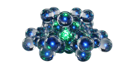 Luminous, interconnected nanobots, glowing sapphire & emerald, forming a complex geometric pattern on a transparent background. Ultra-detailed macro photography concept of advanced self-organizing