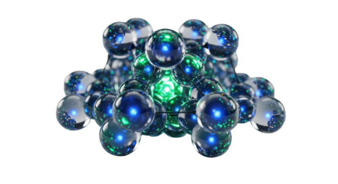 Luminous, interconnected nanobots, glowing sapphire & emerald, forming a complex geometric pattern on a transparent background. Ultra-detailed macro photography concept of advanced self-organizing