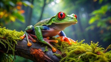 Obraz premium A tiny green frog, a colorful tropical amphibian, is isolated on a leaf in nature, a stunning wildlife macro shot