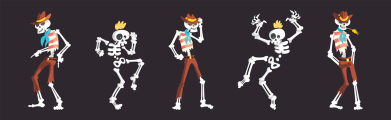 Funny Skeleton Character with Bone and Skull Vector Set